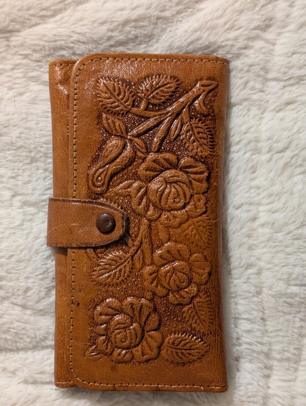 Embossed Floral Genuine Leather Wallet - Brown